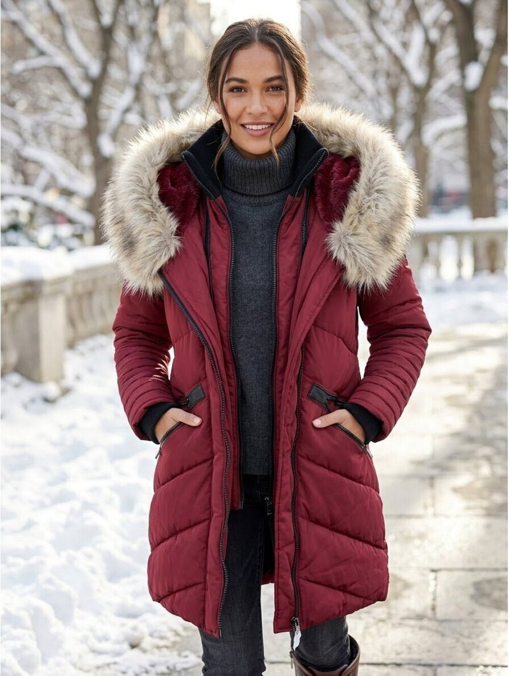 LA Coalition Wine Red Puffer Coat with Faux Fur Hood, Size Small